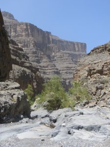 A view of Wadi Ghul from the dry riverbed with the towering cliffs in the distance