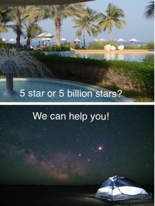 Top picture is the pool of a 5* hotel with palm trees and sun loungers and the bottom picture is a tent in the desert at night with thousands of stars visible